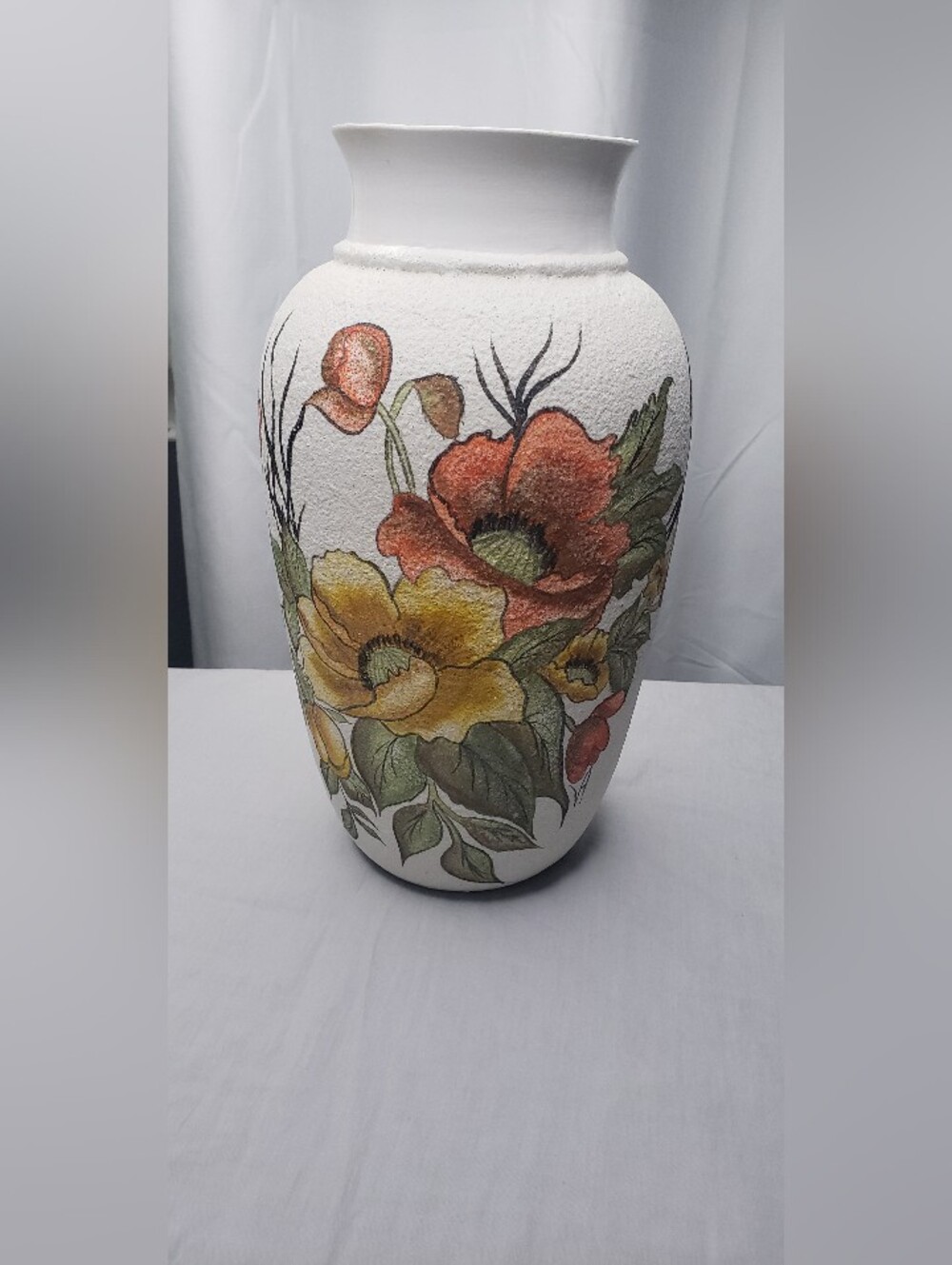 Vintage MCM Ceramic Vase Hand Painted Botanical Poppies Lava Finish 13.5 In Tall - Picture 1 of 6